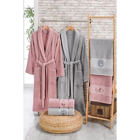 Özenev Fedora 6 Piece Family Robe Set Gray Damson