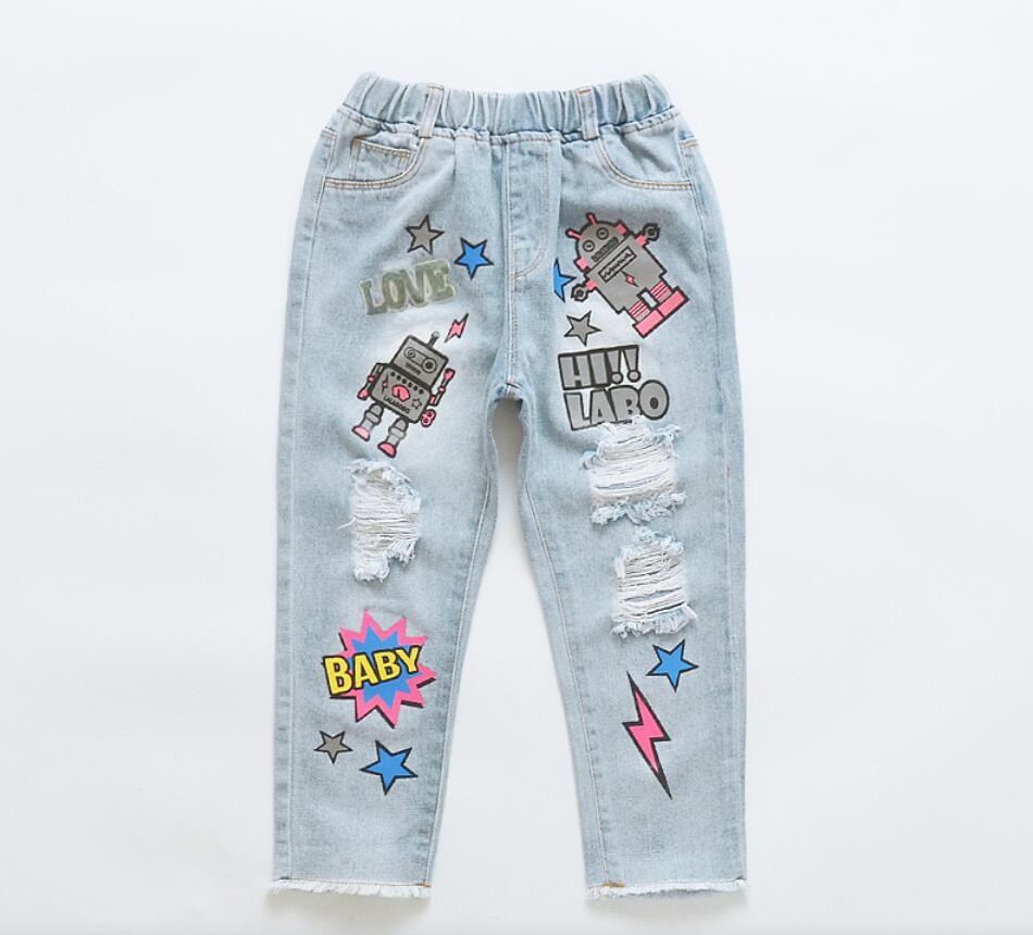 Piger flået jeans forår sommer efterår stil trend denim bukser til børn catoon distraheret hul bukser i 3-14 år: 8t