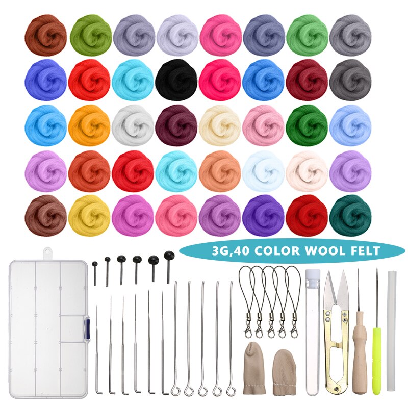 40 farver uldfilt + filt diy pakke håndværksnål værktøjssæt til nålefiltning spindende vævning dukkefremstilling