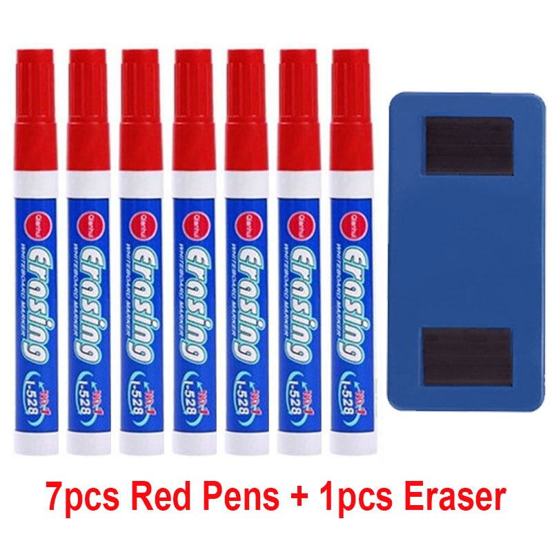 Stylo marqueur effaçable pour tableau blanc, grande capacité, bleu, vert, rouge, bleu, blanc, fournitures de bureau: 7 Red Pen 1Eraser