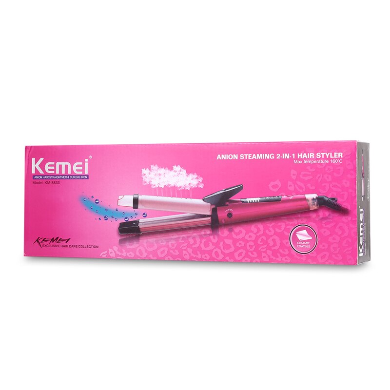 Kemei Steam Curling Iron Straightener 2 In 1 Electric Splint Perm Negative Ion Curling Rod Curls Straight Electric Curling Rod: with box