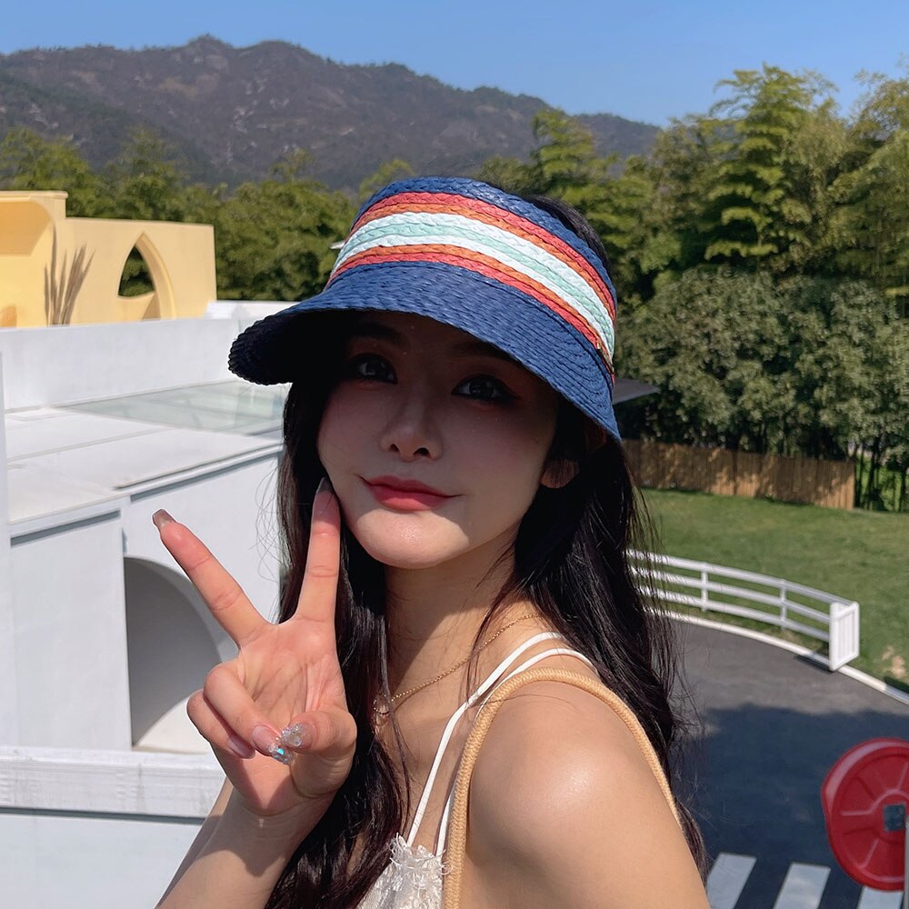 RAFFIA Summer lady Empty Top Sun Visor Hat Beach hat Summer hats straw Wide Brim Sun Caps UV Protection Hat For Men And Women: Navy Blue