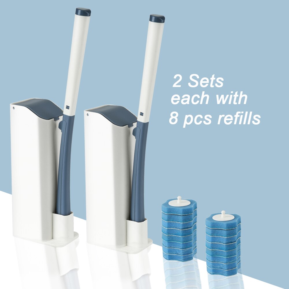 Toilet Brush Without Dead Angle Cleaning Toilet Brush Disposable Household Long Handle Cleaner Tool Bathroom Accessories: 2 sets with 8refills