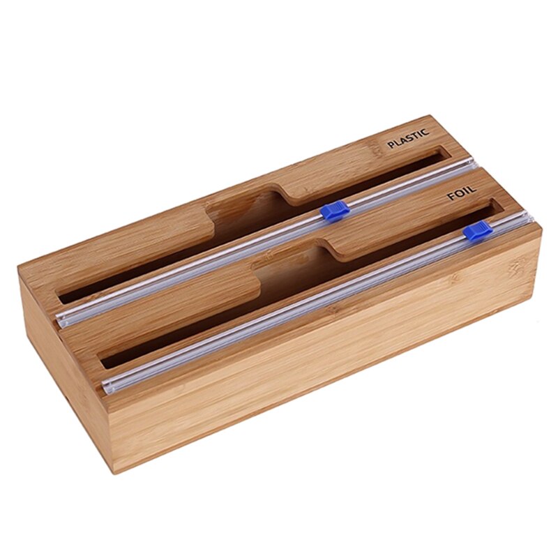 Plastic Wrap Dispenser with Cutter Bamboo Wood Saran Wrap Dispenser Refillable Fresh-keeping Box Home Kit