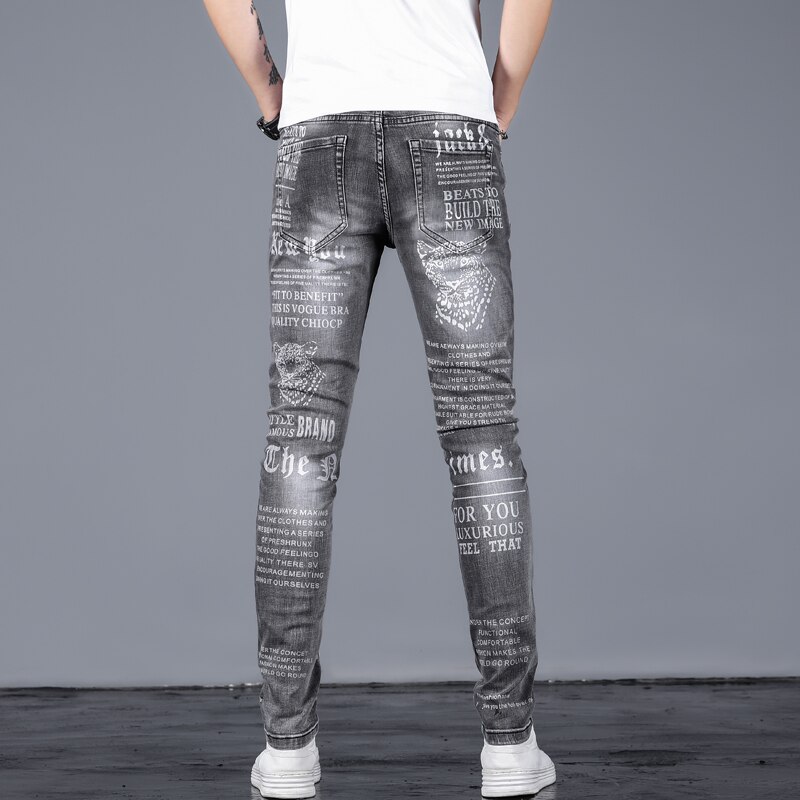 Mens Letter Leopard print Jeans Newspaper Painted Men Black Hip Hop Trousers Skinny Casual Stretch Cotton Denim Pants