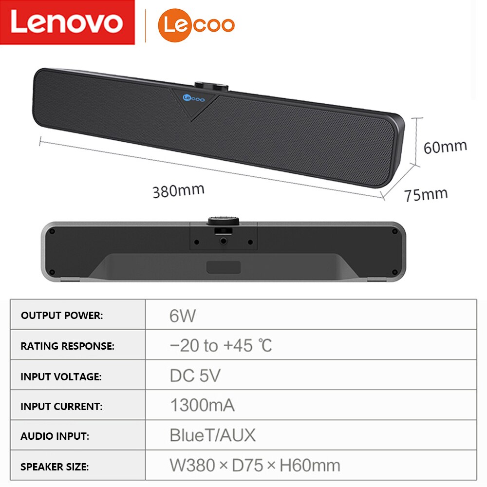 Lenovo Lecoo DS102 Sound Bar Wireless Bluetooth 5.0 Speaker USB Powered Wired Mini Soundbar Speaker Subwoofer for PC Tablet
