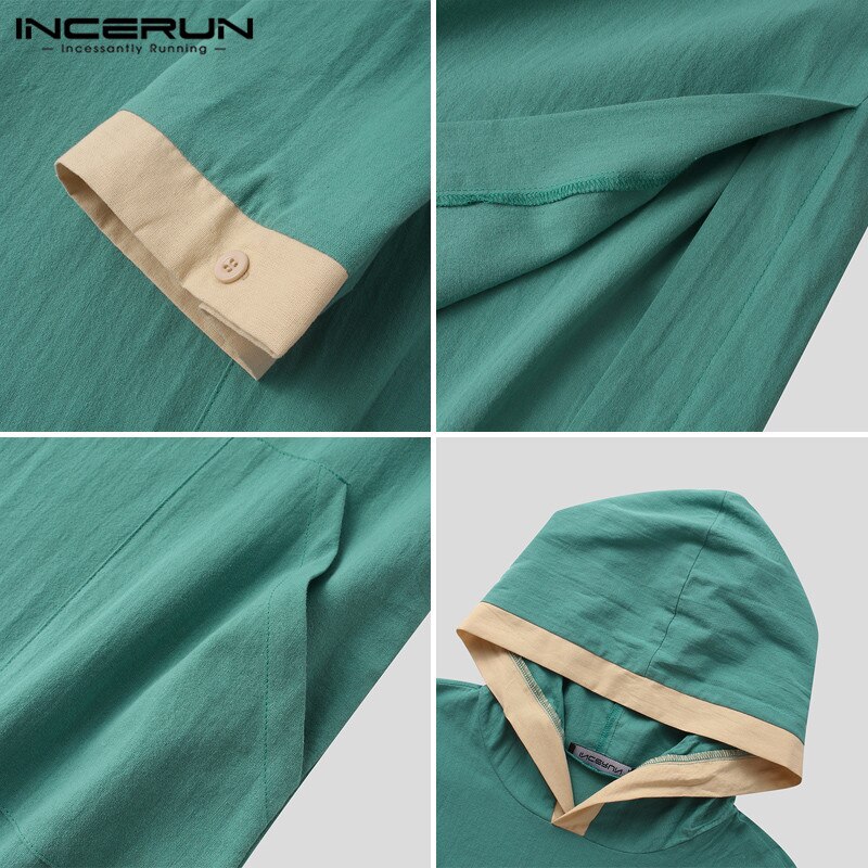 Incerun muçulmano kaftan homem islâmico árabe jubba thobe com capuz retalhos lazer manga longa roupões dubai abaya roupas masculinas plus size