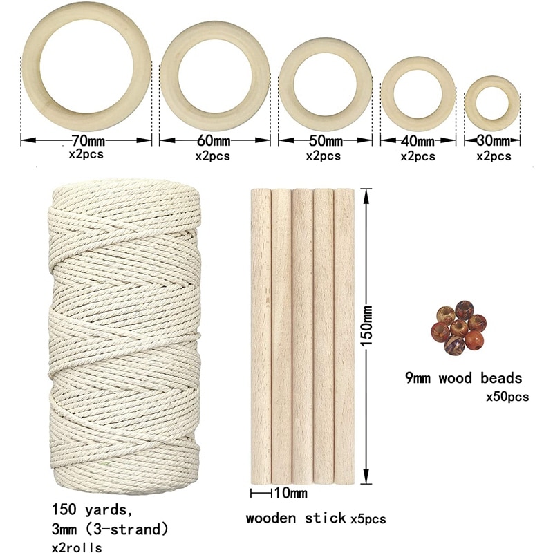 Macrame Cord Natural Cotton Rope 150Yard with Wood Ring Wood Stick for DIY Teether Macrame Kit Wall Hanging Plant Hanger