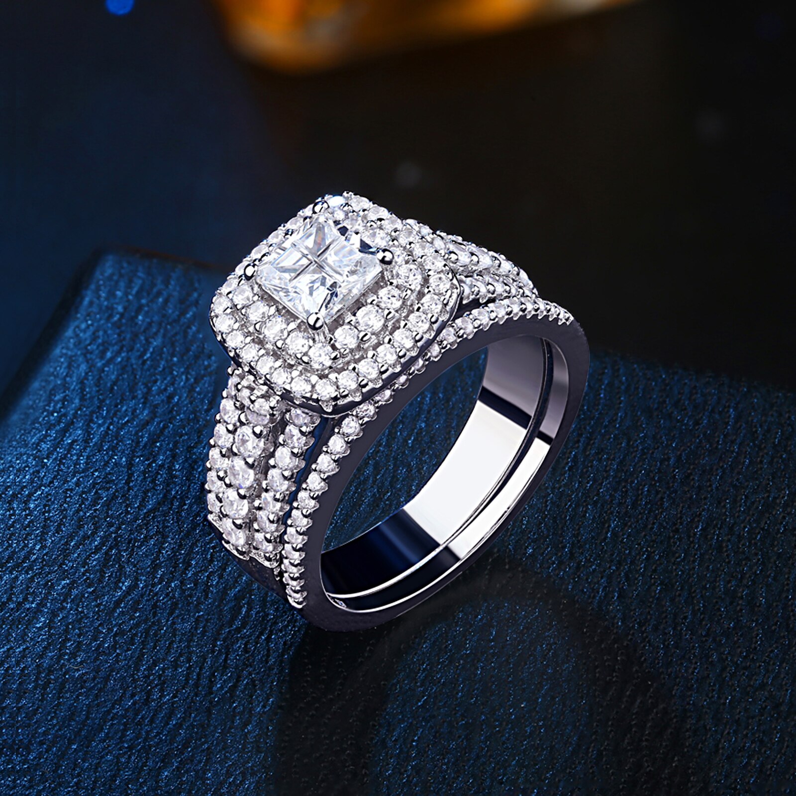 Newshe 925 Sterling Silber Halo Hochzeit Ring Set Für Frauen Elegante Schmuck Prinzessin Kreuz Cut AAAAA CZ Engagement Ringe