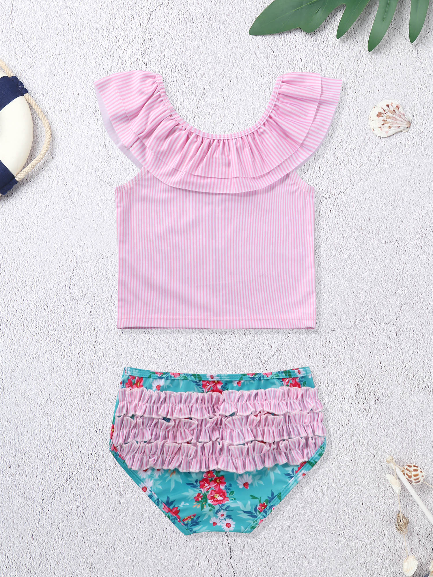 Kids Swimsuits Girl's Bathing Suit Striped Tankini Set Ruffle Tank Top Floral Print Bikini Bottom 2Pcs Swimwear for Little Girl