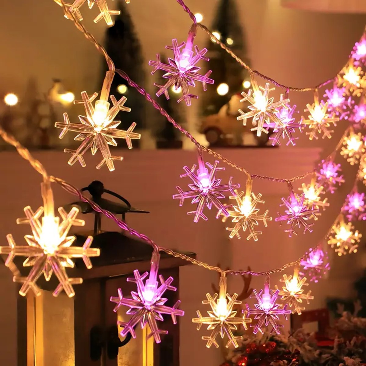 Guirlande lumineuse LED flocon de neige de noël, 1 pièce, éclairage décoratif suspendu d'intérieur et d'extérieur, lampe d'ambiance féerique pour fête dans le jardin: Rose / 21-30W