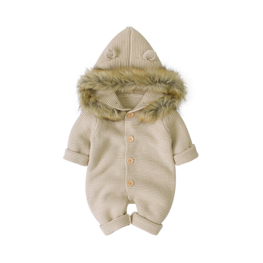 3 Kleuren Kids Meisje Jongen Warme Kleding Gebreide Lange Mouwen Hoodie Romper Totale Outfits: Khaki / 18m