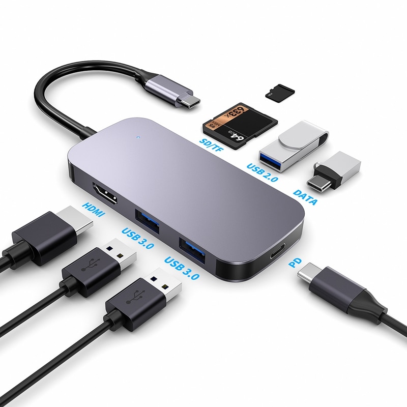 USB C Hub 8-in-1 Adapter Dongle Typ-C zu 4K @ 30Hz HDMI SD/TF Kartenleser USB 3,0 PD Energie für PC iPad