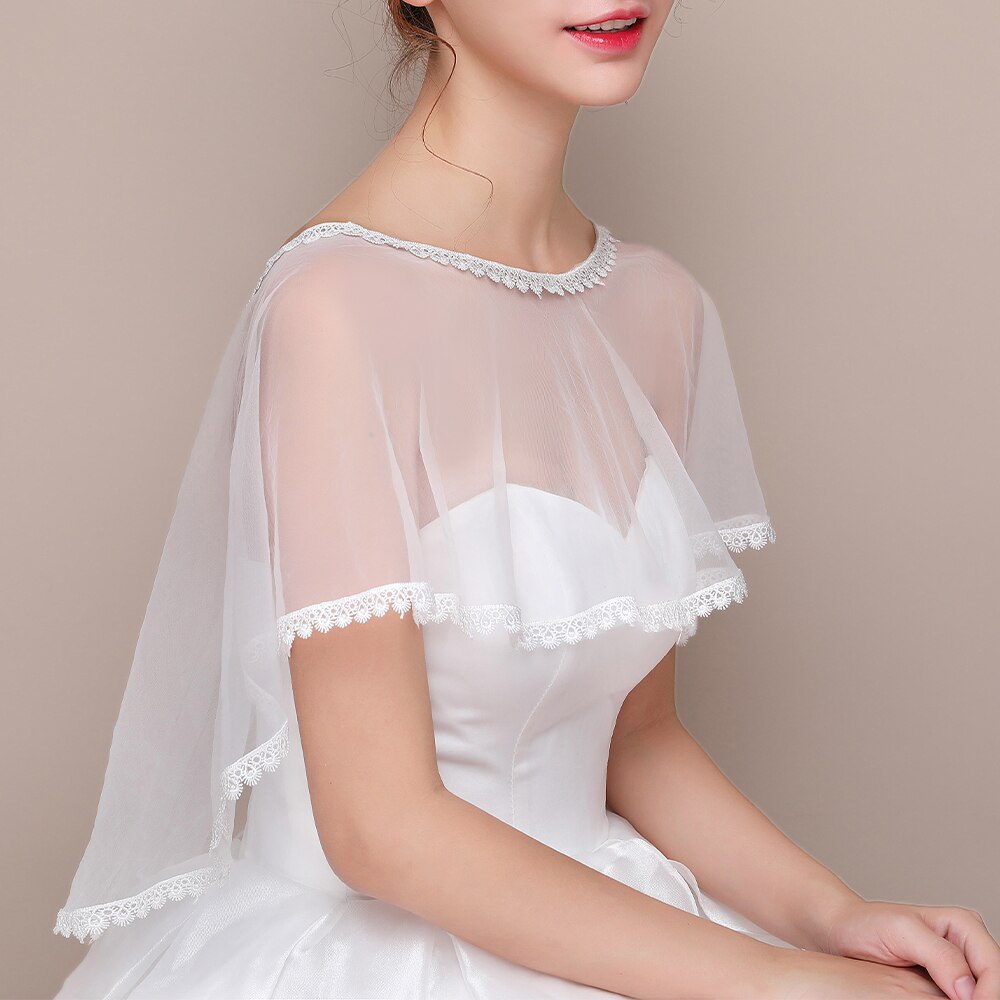 Cape de mariage en Tulle ivoire pour femme, châle, col rond, avec des appliques en dentelle, enveloppe formelle, pour bal de promo, soirée