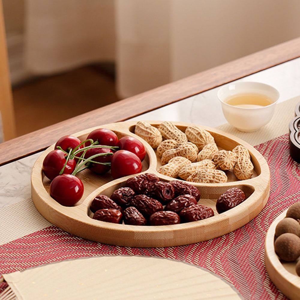 Round Wooden Divided Fruit Tray Nut Platter Handcrafted Snacks Server Dish Wooden Multi-cell Fruit Snack Plate