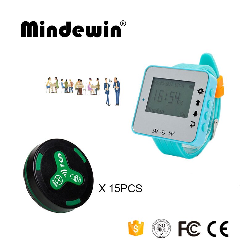 Mindewin 433MHz Draadloos Oproepsysteem 15PCS Tafel Belknop M-K-3 + 1 STUKS Horloge Pager M-W-1 Reataurant Draadloze pager Systeem: Black green