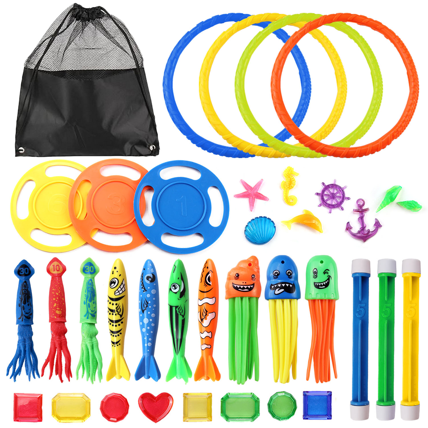 34PCS Funny Kids Diving Accessories Toys Set Underwater Water Play with Storage Bag for Children Summer Game Swimming Pool Party