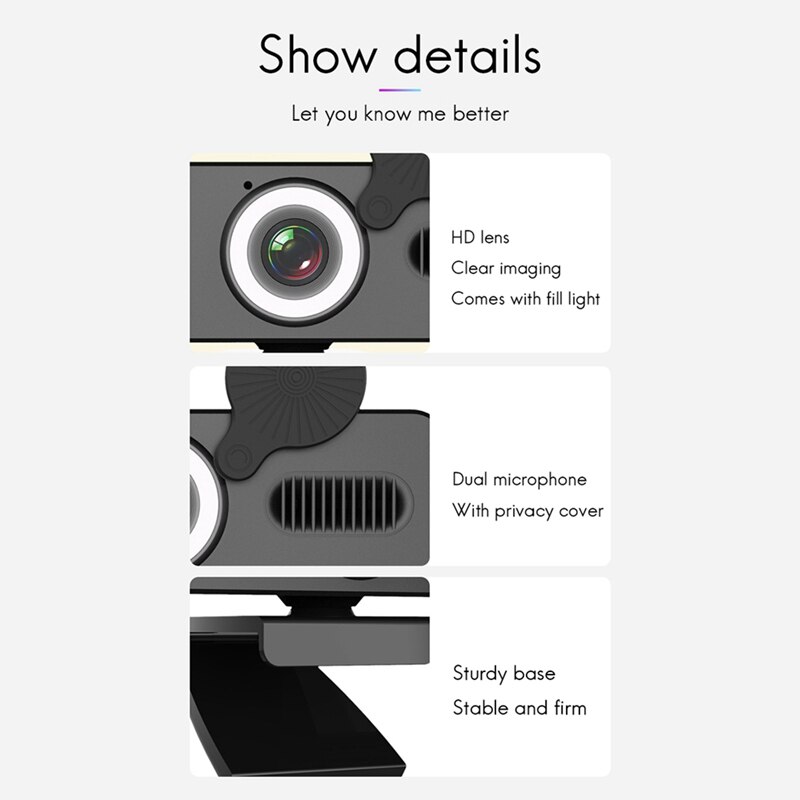 C360 Computer Camera Auto Focus Home Office USB Drive-Free Fill Light Microphone Conference Live Teaching Webcam