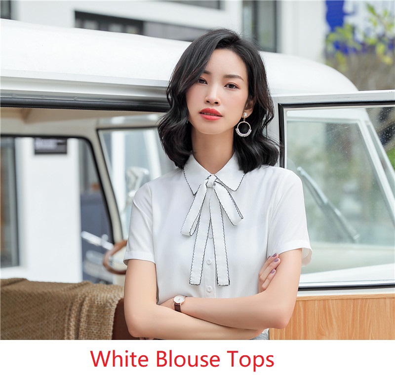 Wit Chiffon Blouses & Shirts Voor Vrouwen Business Werkkleding Zomer Korte Mouwen Vrouwelijke Tops Kleding Met Stropdas: White / M