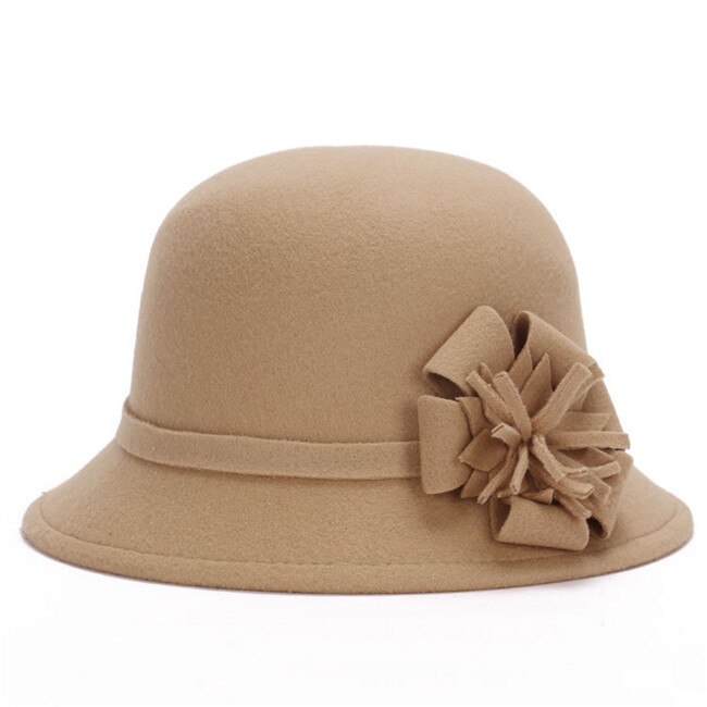 Elegent Frauen Wolle Filz Blumen Fedora Hütte Damen Breiter Krempe Hütte Herbst Winter Edle Europäischen Amerikanischen Elegante Mädchen Kappe: Kamel