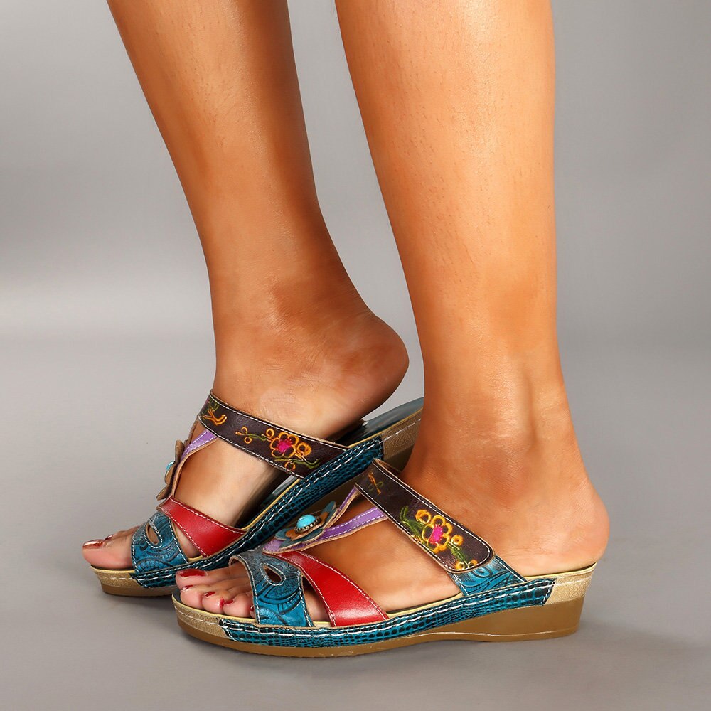 Fujin mujeres zapatillas verano nuevos zapatos plataforma cuñas sandalias cuña étnica flor transpirable casual mujeres zapatillas