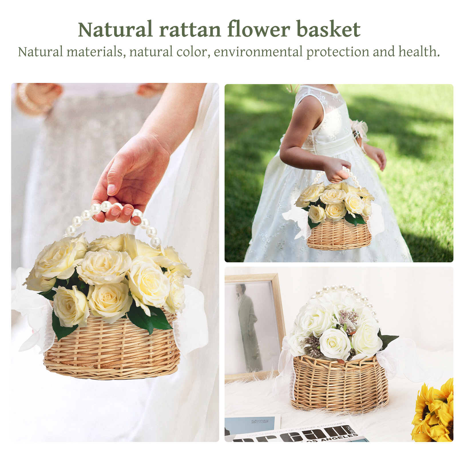 Mir de rangement en rotin tissé à la main pour fille, panier à fleurs, perle, princesse, fait main, maison, décoration de mariage