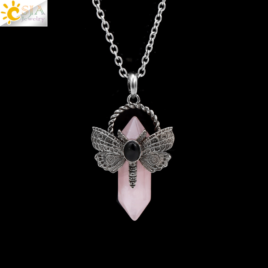 Collar de libélula, colgante de cristal de piedra Natural, fluorita curativa, labradorita, cristal blanco, labradorita, amatistas, joyería H479: Chapado en platino