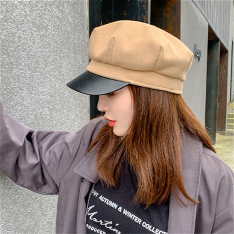 Auutmn Winter Hüte für Frauen Leder Krempe Einfarbig Achteckige Kappe Hüte Damen lässig Wolle Hütte Winter Baskenmütze Weibliche Künstler kappe