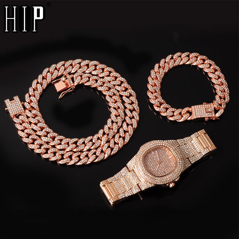 13MM 3pcs Rose Gold Necklace +Watch+Bracelet Hip Hop Miami Curb Cuban Chain Iced Out Paved Rhinestones CZ Bling For Men Jewelry