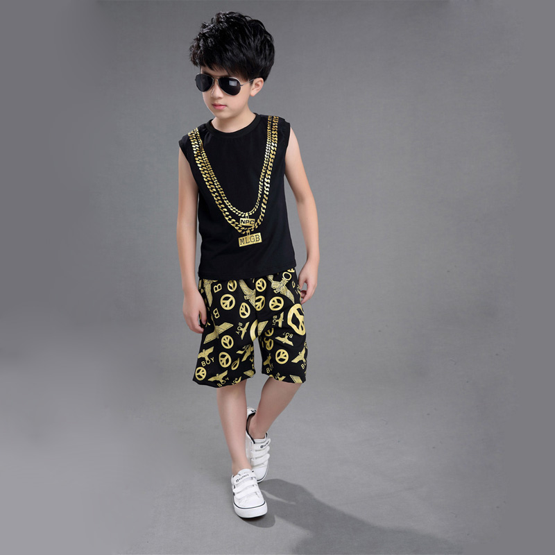 Children Boy Girl Sleeveless Black Gold Hip Hop Hiphop Ds Jazz Dance Costumes Ballroom Clothes Outfit: T shirt and Pants / 170