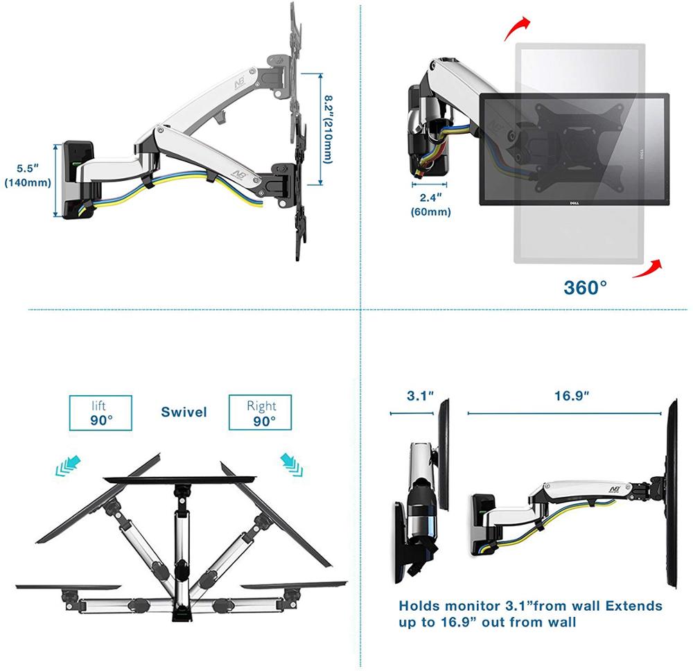 NB North Bayou Black F300 Full Motion Monitor Wall Mount TV Bracket with Adjustable Gas Spring for 24"-35" LED LCD Monitor TV