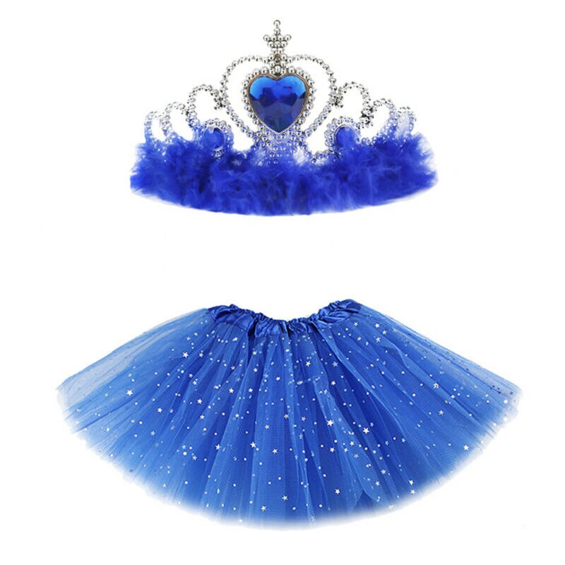 Baby nederdel pige prinsesse tyl nederdel ballet dance party mini med krone solid ball kjole stjerne print sommer 2 stykker pandebånd: Mørkeblå