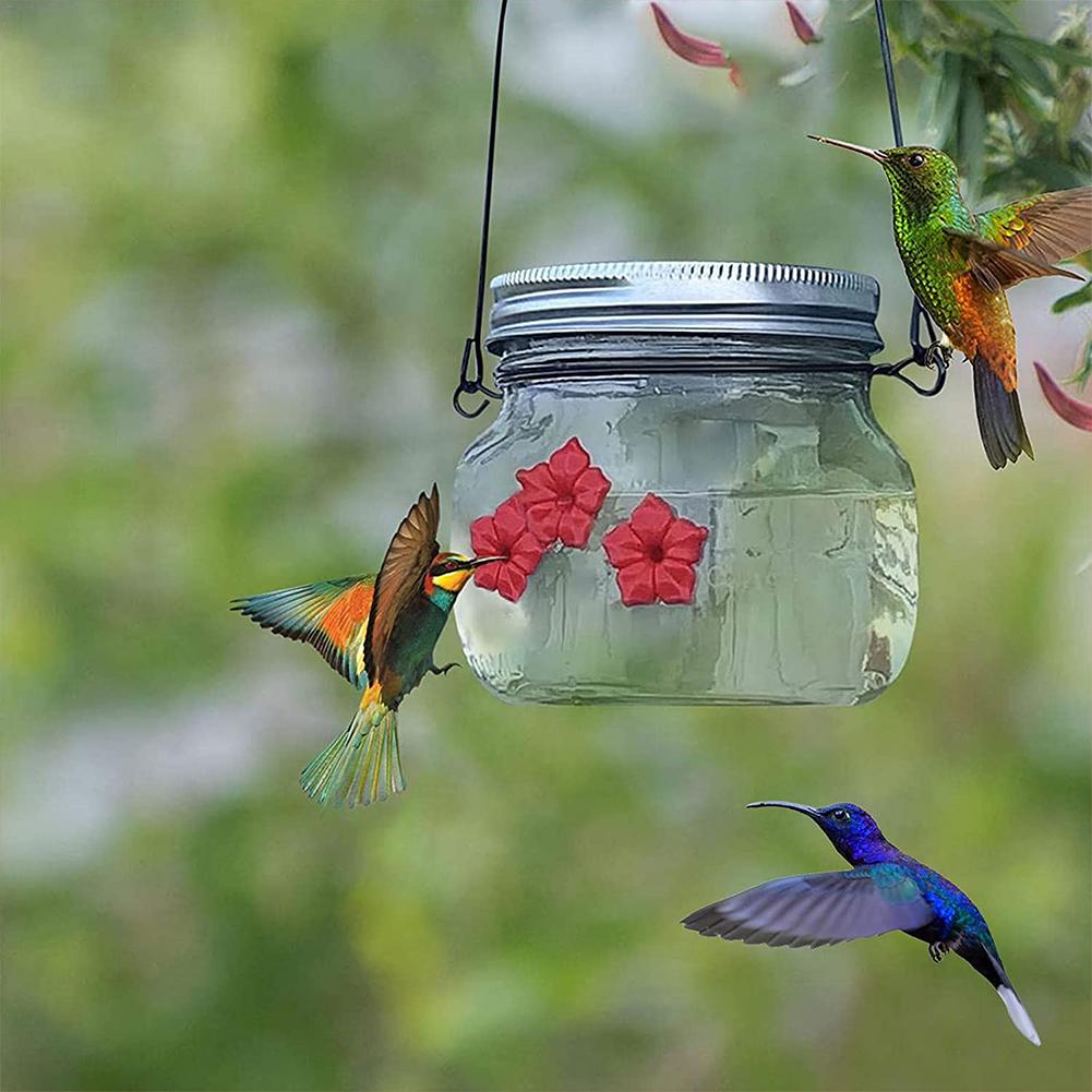 Hanging Hummingbird Feeder Outdoor Garden Bird Feeder Drinker Transparent Mason Jar Flower Decoration Birds Accessories Supplies