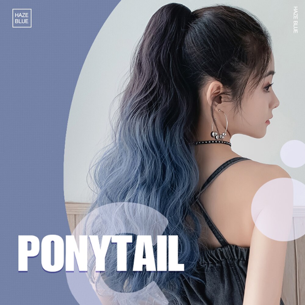 22 polegadas longo ondulado rabo de cavalo cabelo sintético/ombre rabo de cavalo com mini cabelo garra nó/preto natural azul rabo de cavalo para mulher