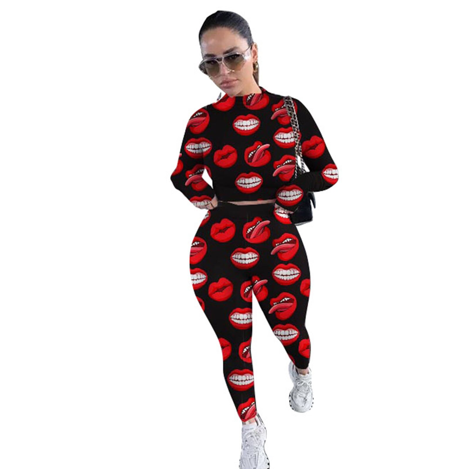 40# Full Lips Print Tracksuit Ladies Two Piece Set Women Sexy Suit Set Top Pants Sports Jogging Suit Outfits Pant Sets