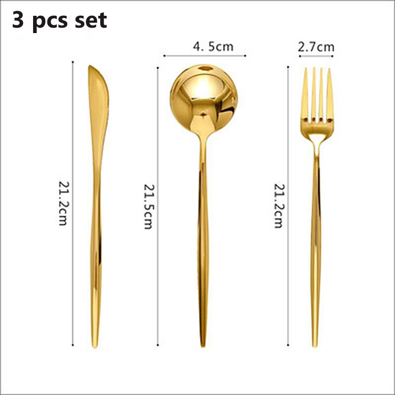Golden Glossy Fork Knife Dinnerware Set Coffee Spoon Dessert Fork Chopsticks Kitchen Gadget Flatware Stainless Steel Tableware: 3 pcs set