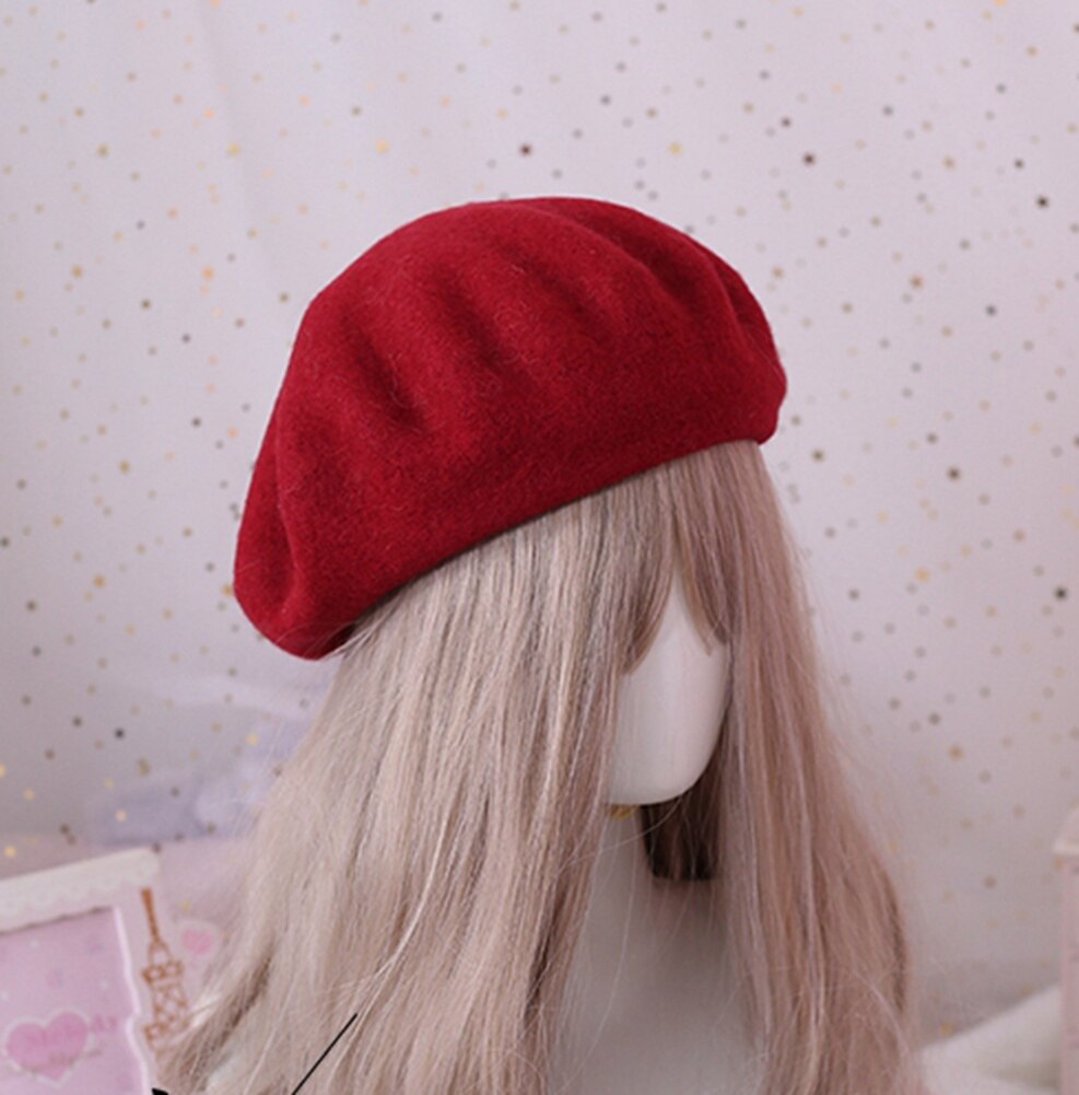 Solid Color Wool Beret for Women Girls Winter Autumn Beanit Hat