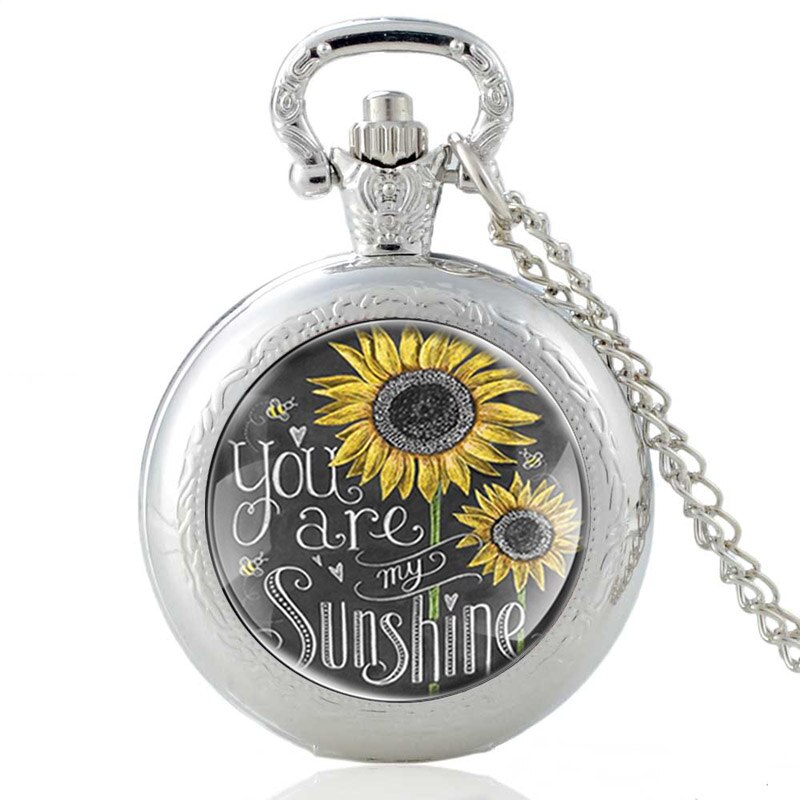 Zonnebloem, jij bent mijn zonneschijn, glazen cabochon, kwarts, zakhorloge, vintage heren, dames, hanger, ketting, klok: Zilver