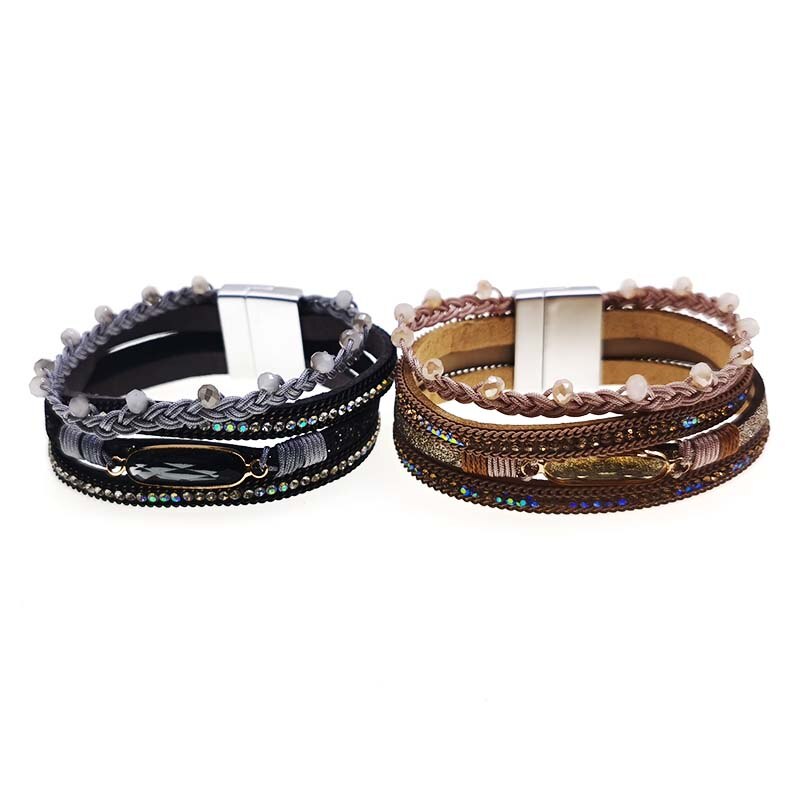 D&D Women Leather Bracelet Rhinestone Bar Charm Bohemian Leather Female Bracelets in 7 Colors