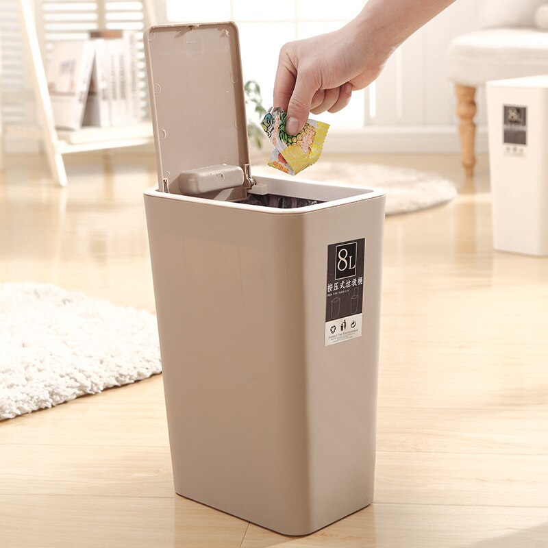 8L de basura de plástico estrecha tipo de prensa cocina, aseo residuos Bin habitación cuarto de baño cesto con tapa cubo basura doméstico