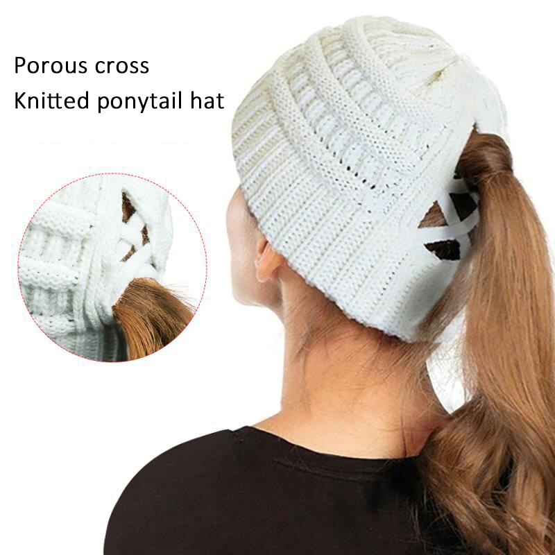 Gorro de cola de caballo para mujer, gorros tejidos para madre y niña, gorros gruesos y cálidos, gorras de color liso