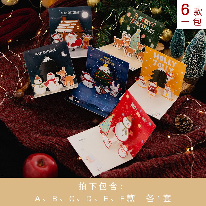 6pcs/lot Cartoon Children Greeting Card Year Christmas Festival Santa Pattern 3D Message Cards