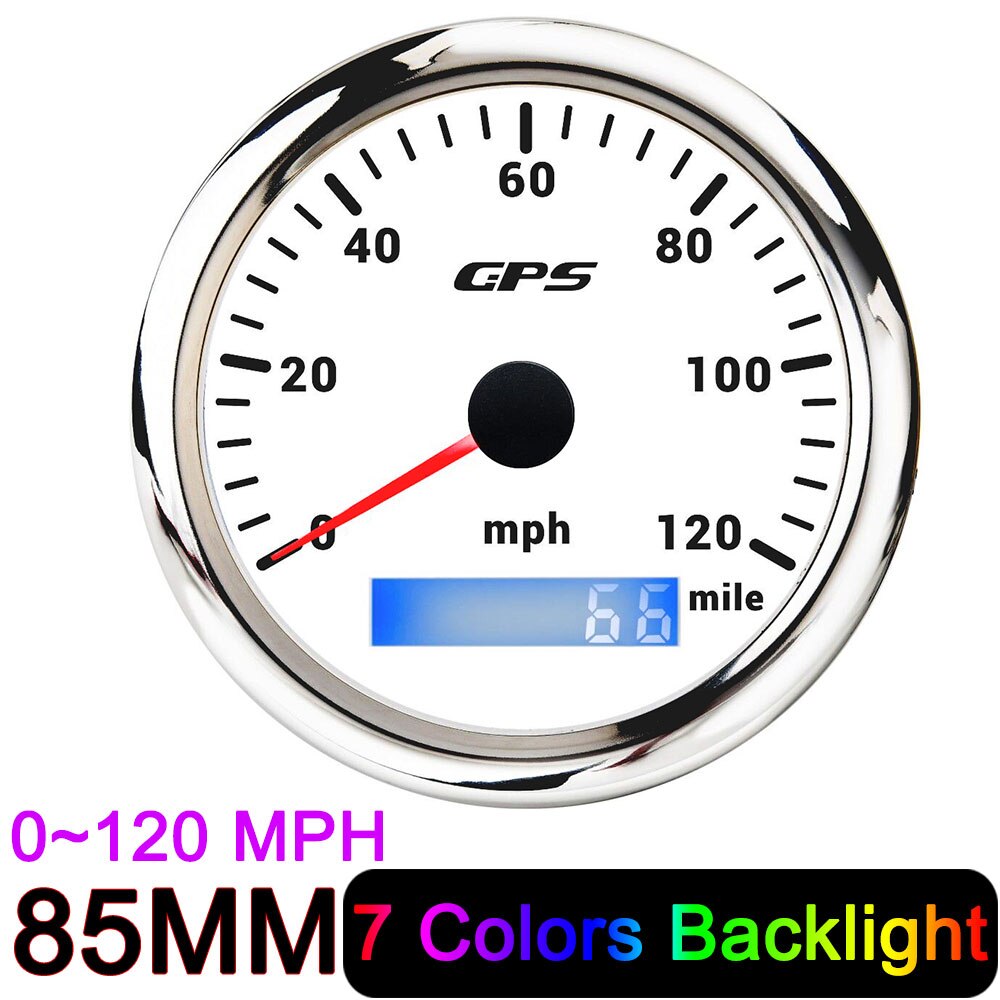 HD 85mm GPS Speedometer 30 60 80 120 160 200 MPH Waterproof Speed Gauge for Mairne Yacht Boat Car Truck 7 Colors Backlight 9-32V: 120MPH white silver