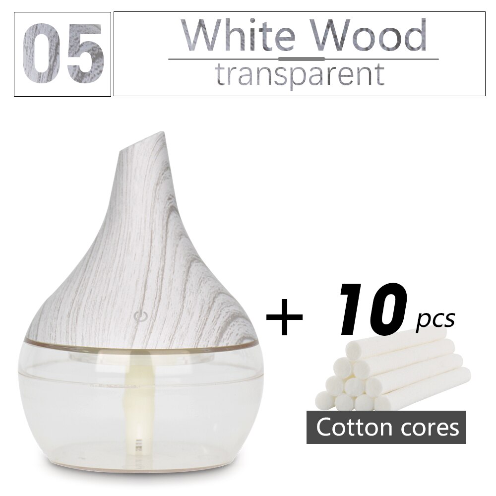 300ML USB humidifier Electric oil Aromatherapy wood grain Ultrasonic air diffuser with 7 colors lights for home office Car: white wood-trans-10