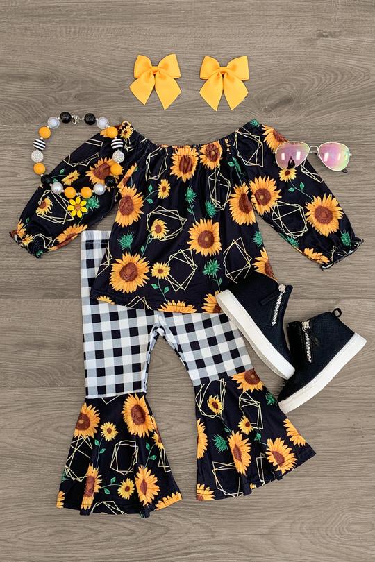 Bébé fille automne chemise, pantalon costume, tournesol imprimé col rond manches longues haut plissé, Sports Plaid cloche bas: 6M