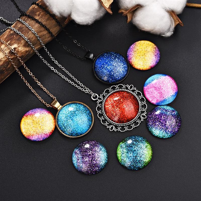 50Pcs Mixed Colorful Bling Star Rainbow Round Glass Cabochons 12/20/25mm Flat Back Demo Cameo Base Blank Tray DIY Jewelry Making