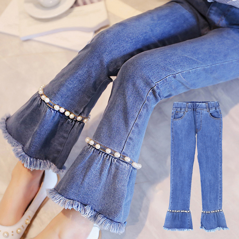 2-12Y frędzle dżinsy dzwony dziewczyny wiosna spodnie na jesień dżinsy dziecięce moda szczupły spodnie dla dzieci CUHK spodnie dziecięce spodnie migotać