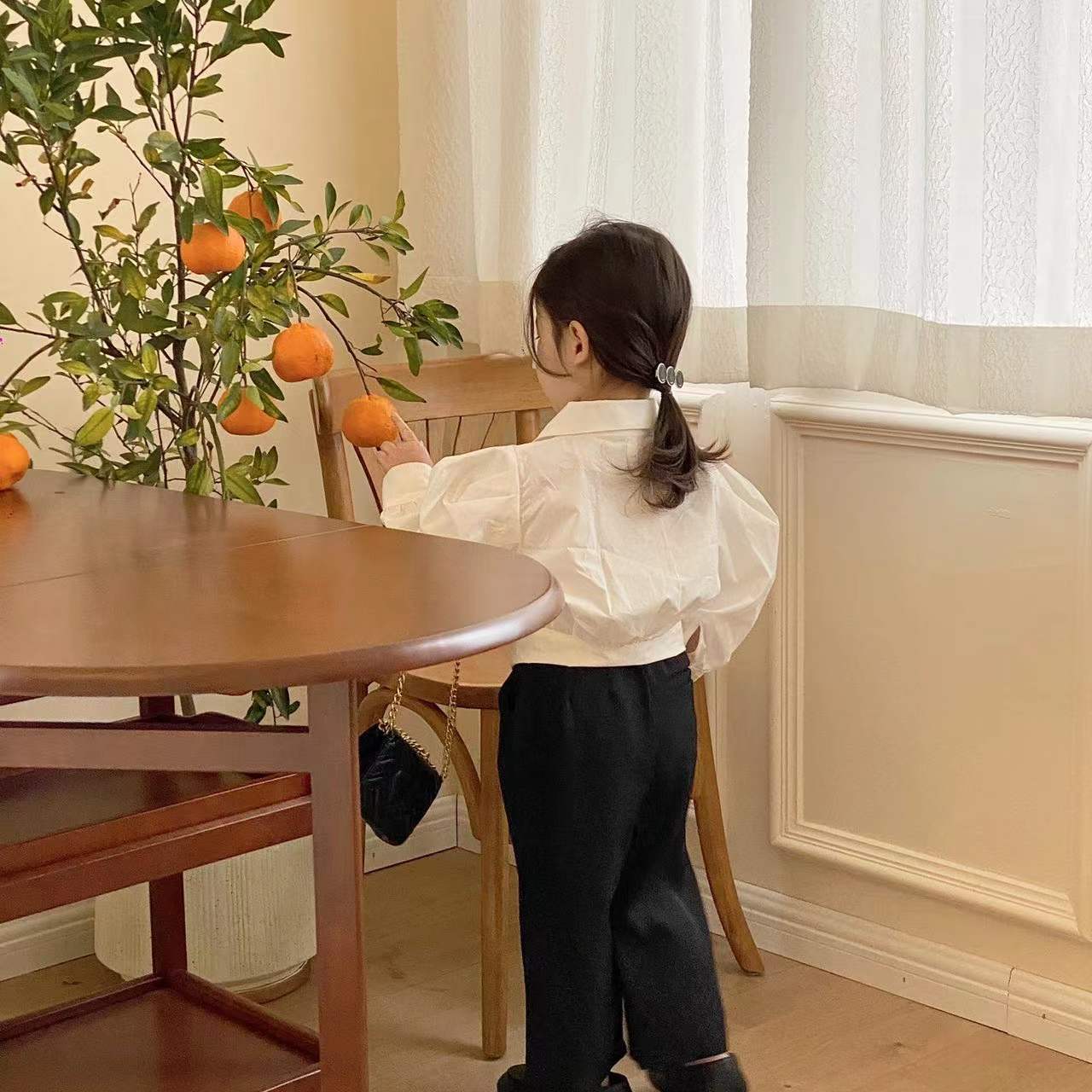 2022 Koreaanse Lente Kinderen Overhemd Kinderen Korte Shirt Girls Bubble Mouw Revers Shirt