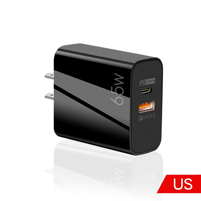 65W GaN Charger QC 3.0 PD 3.0 Quick Charge Fast Charging For iPhone 13 Pro Xiaomi Huawei Oppo Type C PD USB Mobile Phone Charger: Black US