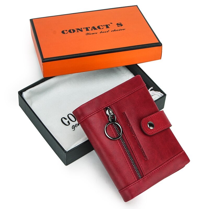 Genuine Leather Women Wallets Short Coin Purse Red Wallet Leather Rfid Card Holder Purse Zipper Female Coin Wallet Men: Red Box